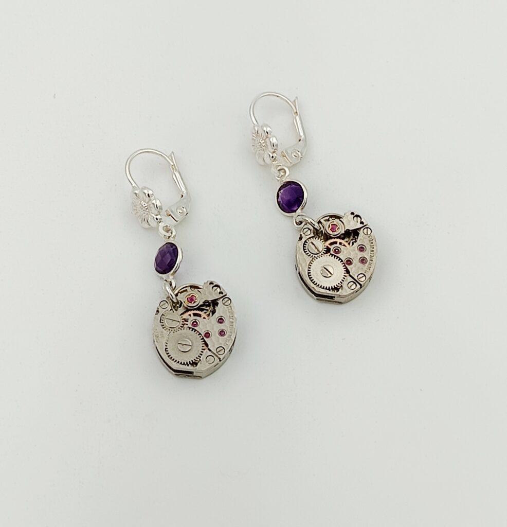Boucles d'oreilles améthyste argent mouvement montre