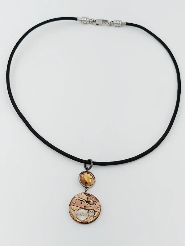 Collier cuir cabochon verre mécanisme montre
