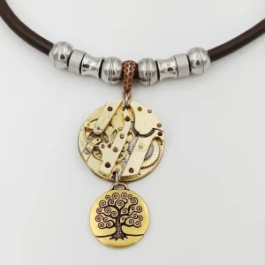Collier cuir inox mouvement montre gousset