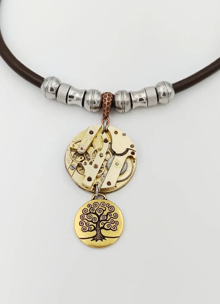 Collier cuir inox mouvement montre gousset