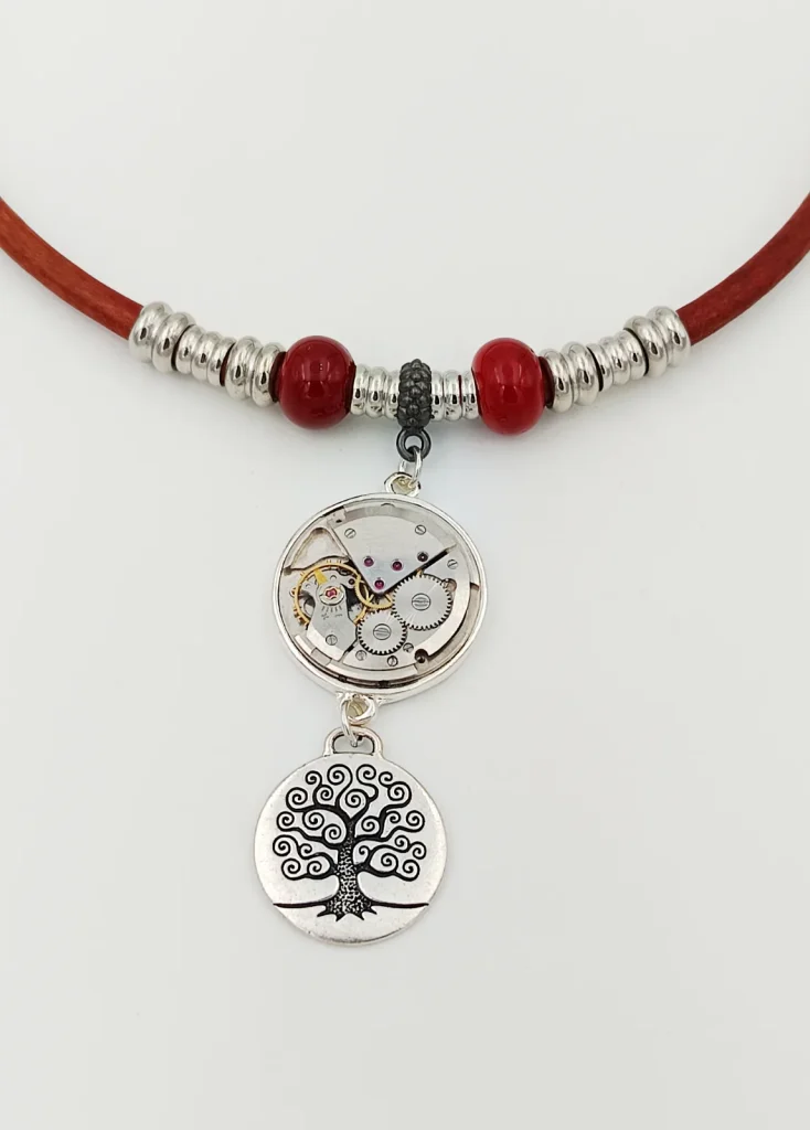 Collier cuir perle Murano rubis montre