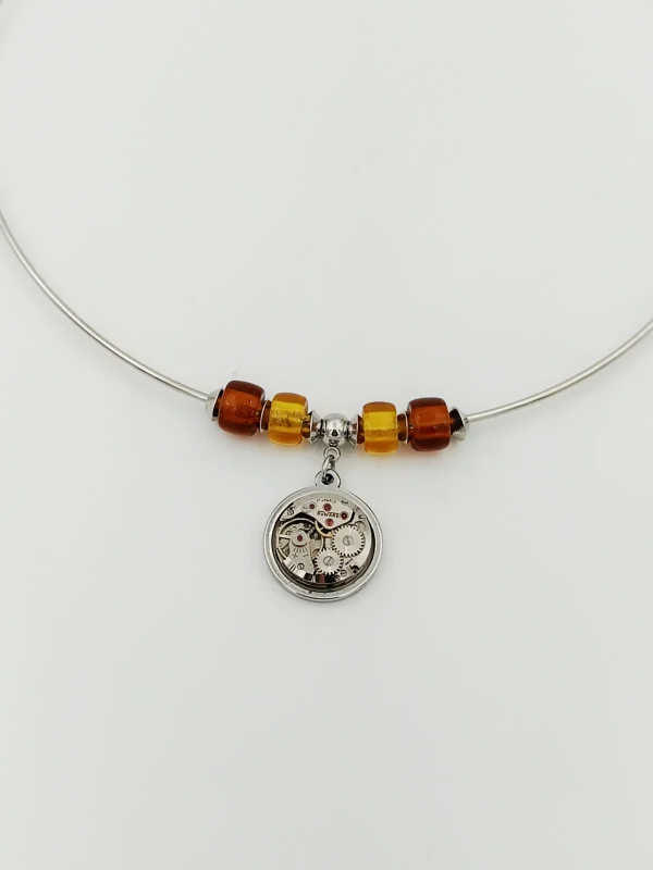 Collier jonc inox perle verre montre